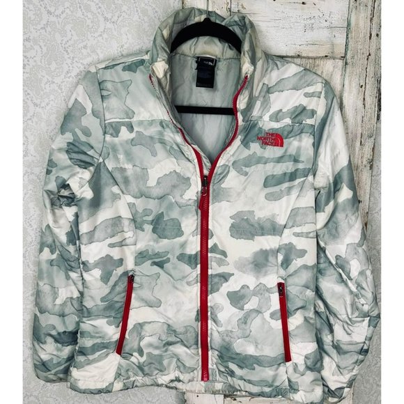 North Face Jacket Puffer Gray & White Camo Zippered Pockets Woman’s Size Medium - Picture 5 of 9